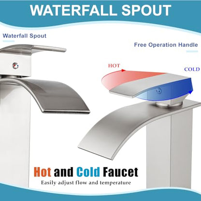 Midanya Waterfall Tall Bathroom Vessel Sink Faucet,Brushed Nickel | with 24” cUPC Water Hoses,Pop Up Drain without Overflow,for 1 hole Vanity,RV,Lavatory,Bowl,Farmhouse,SUS304,Single Handle - color: Nickel