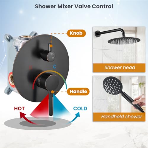 gotonovo High Pressure Shower System Valve and Trim Kit,Oil Rubbed Bronze | Round Rain 10 Inch Shower Head with Handheld Faucet Set Complete,Rough In Valve,2-in-1 Diverter,All Metal,Bathroom Wall Mount - color: Bronze