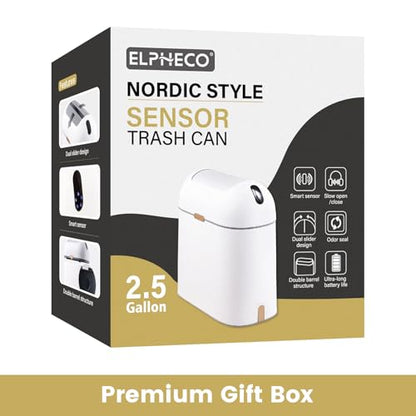 ELPHECO Bathroom Trash Can with lid 2.5 Gallon, Motion Sensor, White Golden | Waterproof Garbage Can, Automatic Waste Basket, Butterfly Lid, Plastic Garbage Bin for Bedroom and Office - color: White