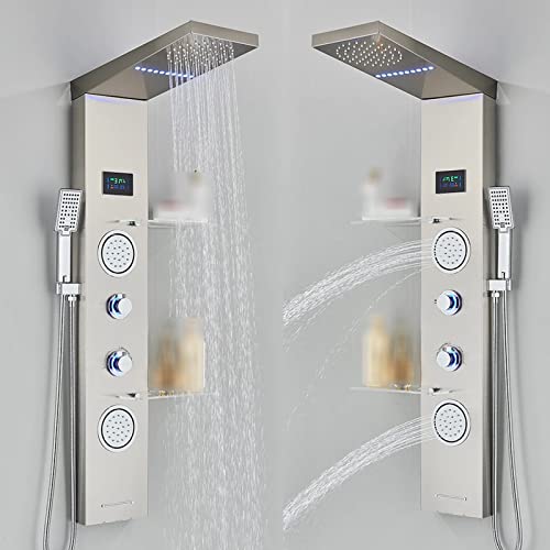 Brushed Multi Rain Shower Panel Tower - Wall-Mount Complete Shower Column with Body Jets & Shower Shelf for Luxurious Spa Experience