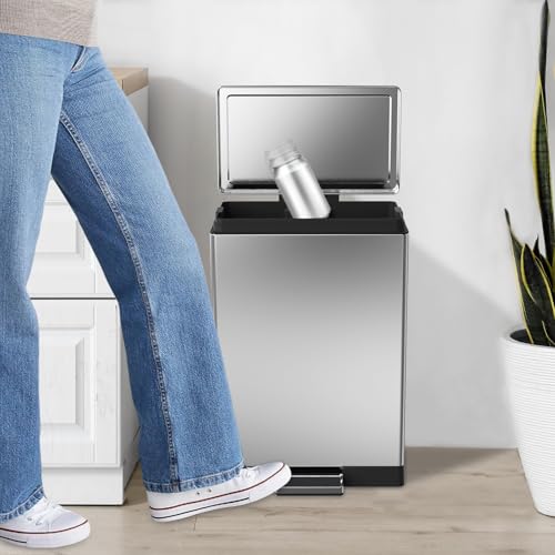 SIMPLYKLEEN 40 Liter / 10.5 Gallon Kitchen Trash Can with Lid, Large Step Garbage Can, Soft-Close Trash Bin for Bathroom Office, Brushed Stainless Steel - color: Silver, size: 40L Rectangle 1PC