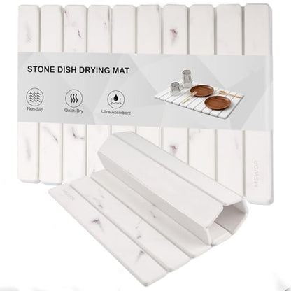 Stone Drying Mat for Kitchen Counter, 24"(L)×16"(W), Collapsible Quick Dry Stone Dishes Mats, Absorbent Diatomaceous Earth Mats for Kitchen, Bathroom - color: White Marble