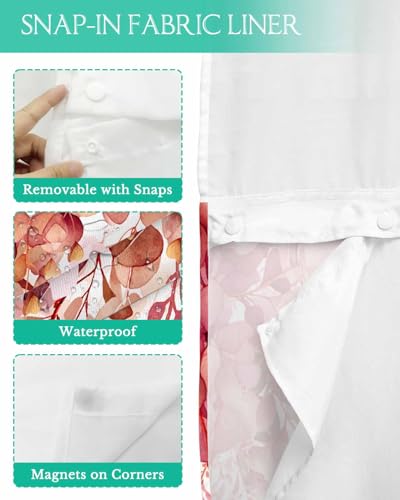 No Hook Shower Curtain and Snap in Liner Set, Red Eucalyptus Fabric Bathroom Stall Shower Curtains 54x78, See Through Mesh Top Window, Spring Summer Botanical Floral Leaves Country Hotel Style - color: Red, size: 54"W x 78"L (Pack of 1)