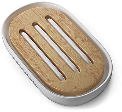 Bossman Soap Dish - Bathroom and Shower Soap Bar Holder - Premium Ceramic Base - Removable Natural Bamboo Soap Tray (White) - color: White