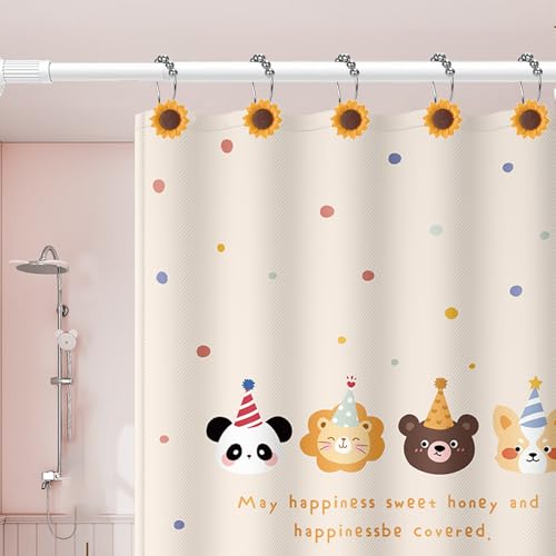 Sunflower Decorative Shower Curtain Hooks, Set of 12,Roller Ball, Stainless Steel, Flower Decor,Rustproof,Easy Install,Home Living & Bathroom Decor,Yellow and Brown Shower Rings