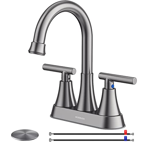 Bathroom Faucet, Hurran 4 inch Centerset 2-Handle Lead-Free, Brushed Grey | Bathroom Sink Faucet with Pop-up Drain and Supply Lines, Stainless Steel Faucet for Vanity RV Restroom Laundry Outdoor Sink - color: Brushed Grey