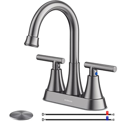 Bathroom Faucet, Hurran 4 inch Centerset 2-Handle Lead-Free, Brushed Grey | Bathroom Sink Faucet with Pop-up Drain and Supply Lines, Stainless Steel Faucet for Vanity RV Restroom Laundry Outdoor Sink - color: Brushed Grey