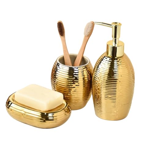 Gold Bathroom Accessory Set - 3 Piece Striped Style Decorative Ceramic Bathroom Accessories Sets with Lotion Soap Dispenser, Toothbrush Holder/Tumbler and Soap Dish, Golden Gift Set for New Home Decor - size: fringe pattern