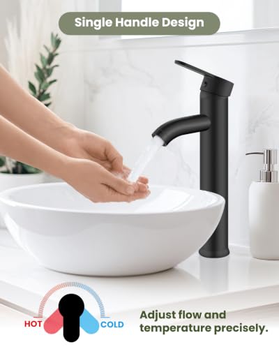 gotonovo Bathroom Vessel Sink Faucet Metal Pop Up Drain, Matte Black | Tall Bathroom Faucet 1 Hole Single Handle Modern Round Body, cUPC Water Supply Hoses, for Basin Vanity Lavatory Restroom Rv - color: Black