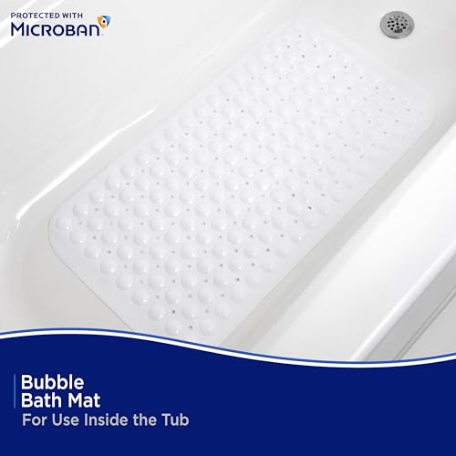 Kenney MB61186H Microban Protected 26.75" L x 14.5" W Vinyl Bubble Bath Mat, Shower Mat, Tub Mat with Suction Cups and Drain Holes for Use Inside the Shower, White - color: White