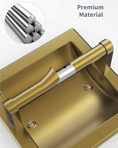 Recessed Gold Toilet Paper Holder Wall Mounted 304 Stainless Steel | Brushed Brass Post Pivoting Design Easy to Change Roll, in Wall Toilet Paper Holder for Mega Roll Waterproof & Rustproof - color: Gold