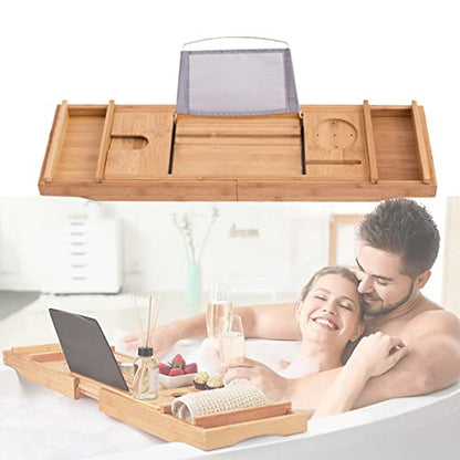 Bamboo Bathtub Caddy Tray Expandable for Luxury Bath, Bathtub Tray with Wine Glass Holder, Phone Stand and Book Holder, Adjustable Bath Tub Organizer Tray for Bathroom