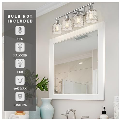 zeyu 27 Inch 4-Light Bathroom Wall Light, Brushed Nickel, ZJF63B-4W BN | Clear Hammered Glass Shade, Over Mirror Vanity Light, Modern Bathroom Lighting - color: Brushed Nickel|Hammered Glass, size: 4-Light