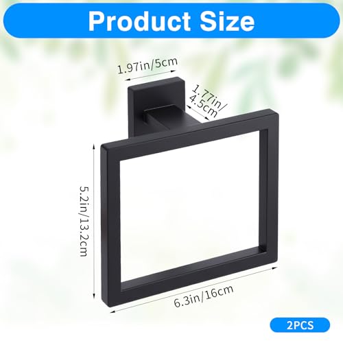 2 Pack Matte Black Towel Ring, Stainless Steel Hand Towel Holder, Modern Square Wall Mounted Bathroom Rack Hangers