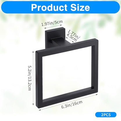 2 Pack Matte Black Towel Ring, Stainless Steel Hand Towel Holder, Modern Square Wall Mounted Bathroom Rack Hangers