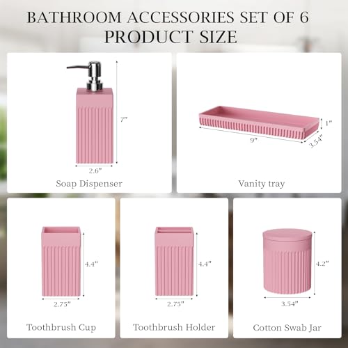 6-Piece Pink Bathroom Set - Sleek Resin Bathroom Accessories Set with Soap Dispenser, Toothbrush Holder, Vanity Tray, Tumbler & Apothecary Jars for Small Spaces - color: Pink