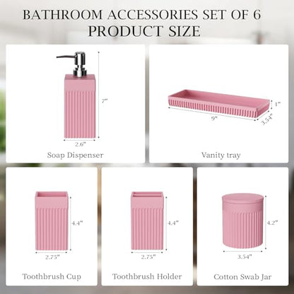 6-Piece Pink Bathroom Set - Sleek Resin Bathroom Accessories Set with Soap Dispenser, Toothbrush Holder, Vanity Tray, Tumbler & Apothecary Jars for Small Spaces - color: Pink