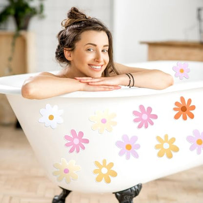 72 PCS Original Non Slip Bathtub Stickers,Flowers Skidproof Shower Sticker with Premium Scraper,Bathtub Non Slip Stickers for Bathroom Decor(Pink,White)