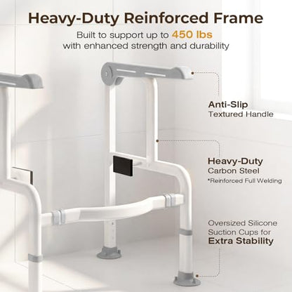Toilet Safety Rails for Elderly & Disabled with Glow-in-the-Dark Handles, 450 lbs Heavy-Duty Frame, Flip-Up Arms, Dual Lock (Suction & Clamp), Adjustable No-Wobble Support, Grey - color: Gray