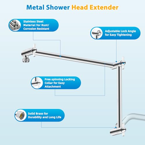 All-Metal 20" Shower Head Extension Arm, G1/2" Universal/Adjustable, Chrome | Flexible Brass Shower Extender Height/Angle Adjustable for Tall People, Stainless Steel Shower Pipe Extended with Lock Joint - color: Chrome, size: 20 Inch
