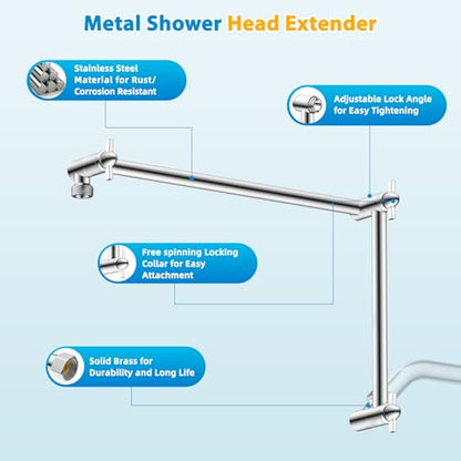 All-Metal 20" Shower Head Extension Arm, G1/2" Universal/Adjustable, Chrome | Flexible Brass Shower Extender Height/Angle Adjustable for Tall People, Stainless Steel Shower Pipe Extended with Lock Joint - color: Chrome, size: 20 Inch
