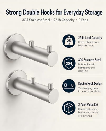 Hooks Heavy Duty Shower Hooks wall Hooks Hooks for Hanging | 304 stainless steel double hooks for bathroom, bedroom, closet, laundry, backpacks, bags and pet leashes - color: Brushed Nickel