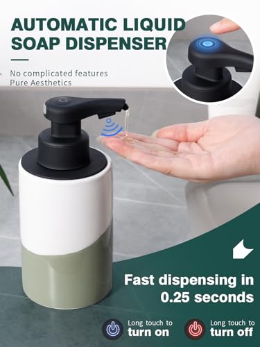 BosilunLife Automatic Soap Dispenser Ceramic Hand Free Soap Dispenser with Waterproof Pump Rechargeable Smart Electric Soap Lotion Dispenser Touchless for Kitchen Bathroom (White-Green, Liquid Pump) - color: White-green(liquid)