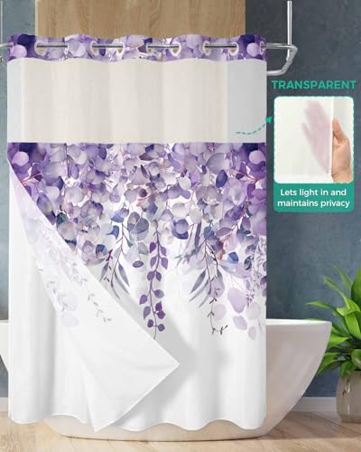 No Hook Shower Curtain and Snap in Liner Set, Purple Eucalyptus Fabric Bathroom Stall Shower Curtains 48x72, See Through Mesh Top Window, Spring Summer Botanical Floral Leaves Country Hotel Style - color: Purple, size: 48"W x 72"L (Pack of 1)