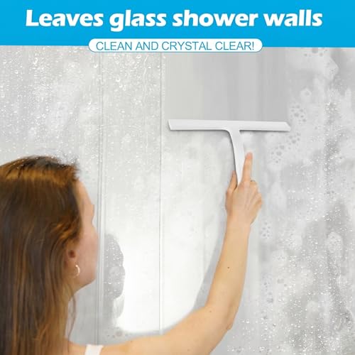 Shower Squeegee for Glass Doors, Mirror Window Tile Scrubber Cleaner with Hook Silicone (White) - color: White