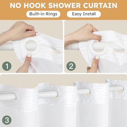 FADOTY White No Hook Shower Curtain Set with Snap in Liner, 71'' x 86'' | Bathroom Hotel Fabric Curtain, Waterproof Washable Liner, See Through Top Window, Ringless Chevron Tufted Cloth Curtain - color: White, size: 71"W x 86"L (Pack of 1)