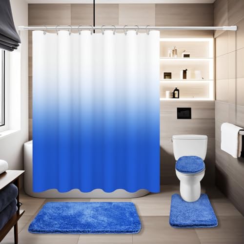 Shower Curtain Sets with Rugs and Adjustable Toilet Seat Cover | 4 Pcs Light Blue Bathroom Sets with Shower Curtain and Rugs and Microfiber Toilet Lid Cover - color: Light Blue