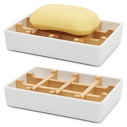 Bamboo Soap Dishes for Shower Wooden Soap Bar Holder for Bathroom Soap Tray Easy to Clean, Durable and with Non-Slip Pads(Two White Squares) - color: Two White Squares