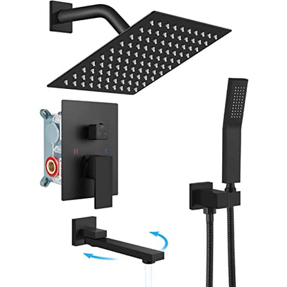 gotonovo Tub Shower Faucet Set with Valve Kit 8’’ Head,Matte Black | Shower System with Tub Spout,SUS304 Rain Head with Handheld Sprayer,Swivel Spout,All Metal,Rough-In Valve Trim Kit,Wall Mount - color: Black, size: 8’’ Head