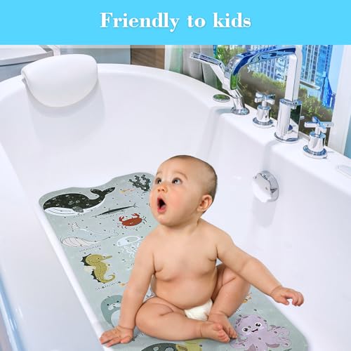 Secopad Bathtub Mat Non Slip, Cute Tub Mat, 40" x 16", Greige Sea Animals | Rectangular, Anti-Slip, Machine Washable, with Drain Holes and Suction Cups,For Bathtub and Shower Floor, for Toddler & Kids - color: Greige Sea Animals
