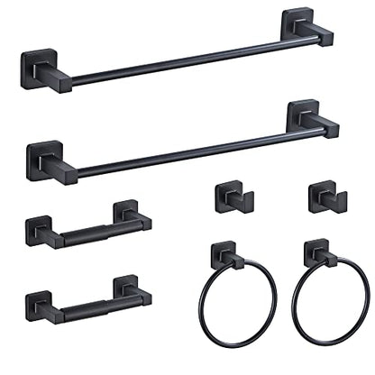Matte Black Bathroom Hardware Set 8 Pieces,Towel Bar Set Stainless Steel Wall Mounted, Includes 16In Hand Towel Bar, Towel Ring, Robe Towel Hooks,Toilet Paper Holder, Bathroom Towel Rack Set… - color: Matte Black-8pcs, size: 16Inch