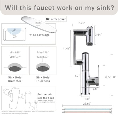 Rotatable Bathroom Sink Faucet with Temperature Display in Fahrenheit, Single Hole Chrome and 3 Outlet Modes Faucet, Battery-Free - color: Chrome-F