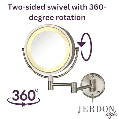 JERDON Hardwired Wall-Mount Makeup Mirror - 8X/1X - Nickel - HL75ND | 8.5" Diameter, 13.5" Wall Arm, LED Lighting, Direct Wire Installation - color: Nickel Direct Wire