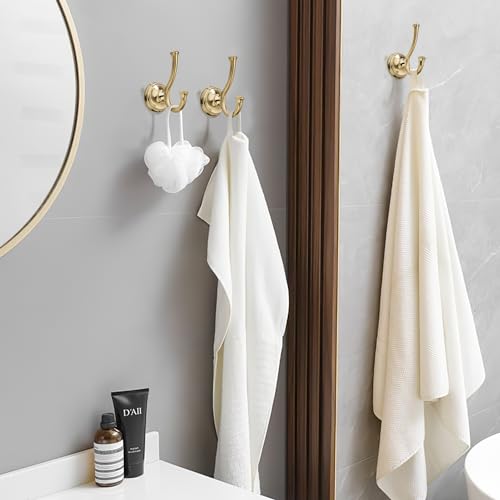 TUNNY Towel Hook Bathroom-2 Pack Champagne Gold Brushed Double Robe/Towel Hook Wall Mounted Hook for Bathroom Bedroom Kitchen - color: Champagne Gold Brushed