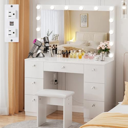 VOWNER Vanity with Lighted Mirror - Makeup Vanity Desk with Power Outlet and 7 Drawers, 3 Color Lighting Modes Adjustable Brightness, 44" Vanity Table with Soft Cushioned Stool for Women Girls, White - color: White