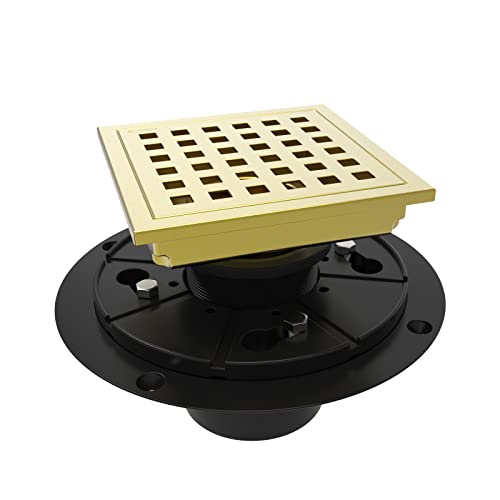 4 Inch Square Shower Floor Drain with Flange,Quadrato Pattern Grate Removable,Food-Grade SUS 304 Stainless Steel,Watermark&CUPC Certified, Brushed Gold - color: Brushed Gold, size: 4 Inch