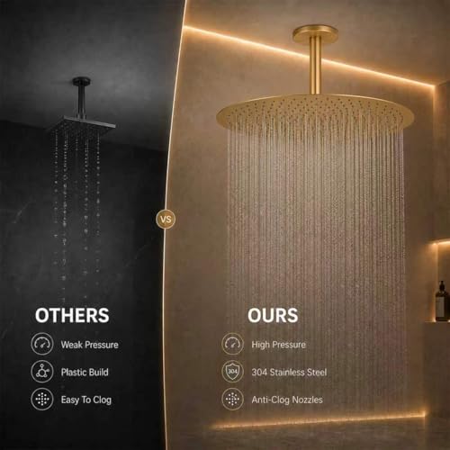 Gold Rain Shower Head, 16 Inch High Pressure Shower Head, 304 Stainless Steel Ceiling Mount Extra Large Waterfall Top Showerhead, Brushed Brass Gold - color: Brushed Brass Gold, size: 16-Inches, style: Round
