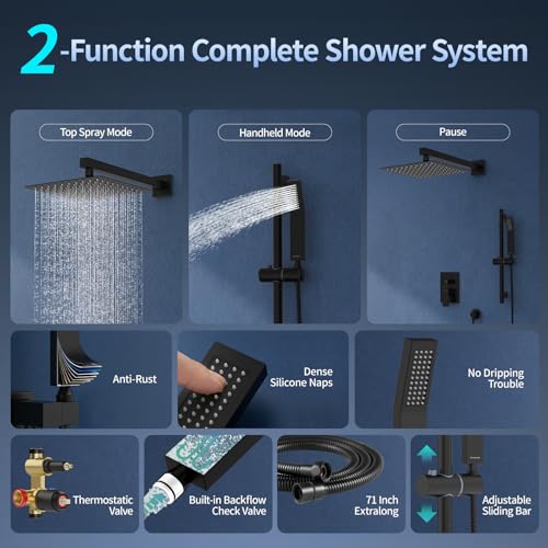 SR SUN RISE 10 Inch Square Shower System with Slide Bar,Matte Black | Rain Head and Handle System,16" Adjustable Shower Slide Bar,Soild Brass,Wall Mount,Included Valve and Trim Kit - color: Matte Black, size: 10 Inch