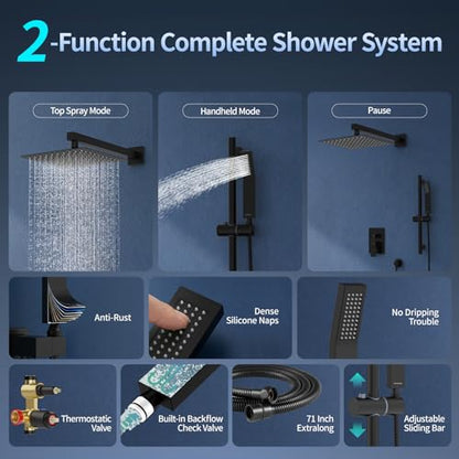 SR SUN RISE 10 Inch Square Shower System with Slide Bar,Matte Black | Rain Head and Handle System,16" Adjustable Shower Slide Bar,Soild Brass,Wall Mount,Included Valve and Trim Kit - color: Matte Black, size: 10 Inch