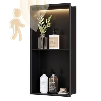 2-Tiers Smart Body Sensor Shower Niche, Black 24"x12" | Recessed Wall Niche with White 3000K LED Light , Waterproof &Rustproof, 304 Stainless Steel Bathroom Cabinet - size: 12x24In