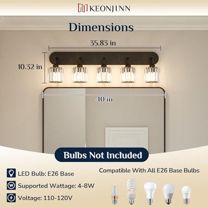 Keonjinn 5-Light Bathroom Light Fixtures, Crystal Black Bathroom Vanity Lights Over Mirror, Vanity Lighting Fixtures with Crystal Square Shades (E26 Socket, Exclude Bulb) - color: Black, size: 5-Light