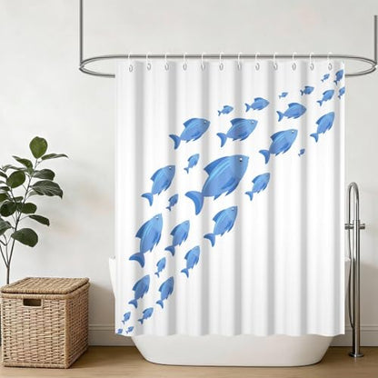 Yeele Blue School of Fish Shower Curtain, Nautical Coastal Ocean Print Shower Curtain Set, Waterproof Machine Washable Fabric Curtain 60x72 Inch with Hooks - color: Blue White 2, size: 60"Wx72"L
