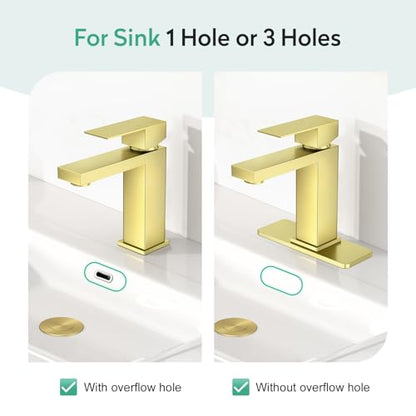 Faustina Light Gold Bathroom Faucet, Single Handle Stainless Steel Bathroom Vanity Faucet with Metal Pop-Up Drain & Deck Plate for 1 or 3 Hole - color: Gold, style: Classic