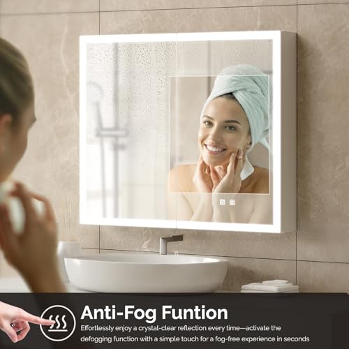 VINGLI Lighted Medicine Cabinet with Mirror Bathroom Mirror Medicine Cabinet Wall Mounted with Storage LED Lights Charging Station Defogger Modern Bathroom Mirrors for over Sink with Storage (32"*28") - size: 5.9"D x 31.5"W x 27.58"H