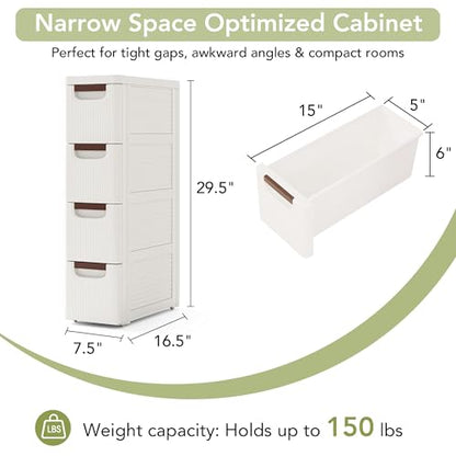 4 Drawers Narrow Bathroom Storage Cabinet, Slim Storage Cabinet, Plastic Slim Storage Cart Drawers for Small Spaces, Laundry, Office, Home, White - size: 4 Tiers