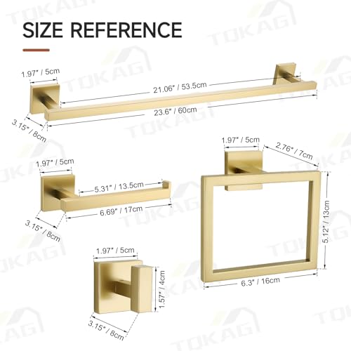 TQKAG Brushed Gold Bathroom Hardware Accessories Set 10 Pieces, 23.6" SUS304 Stainless Steel Towel Bar Set Wall Mounted Includes Single Towel Bar, Towel Ring, Toilet Paper Holder, Double Towel Hooks - color: Brushed Gold, size: 10-Pieces Set